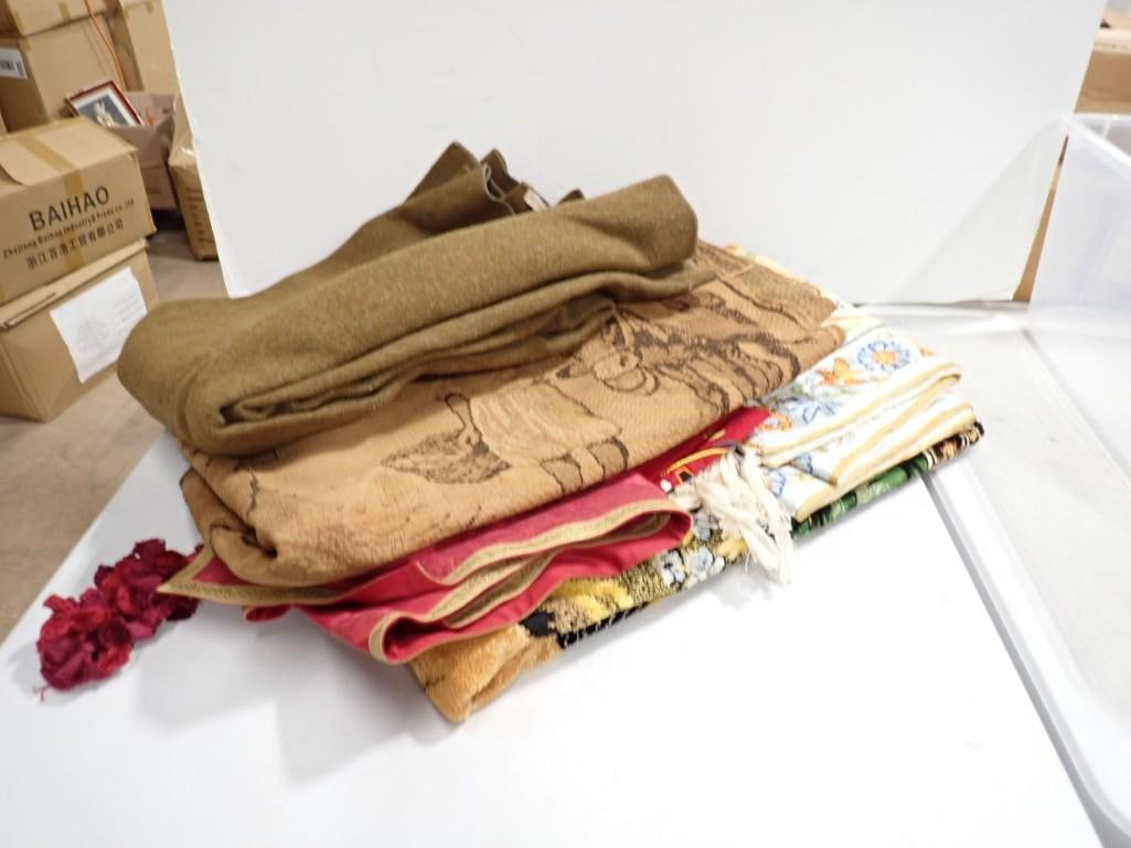 Table Runners, Horses Rug/Tapestry, Wool military Blanket, Etc Lot: Table Runners, Horses Rug/Tapestry, Wool military Blanket, Etc Lot