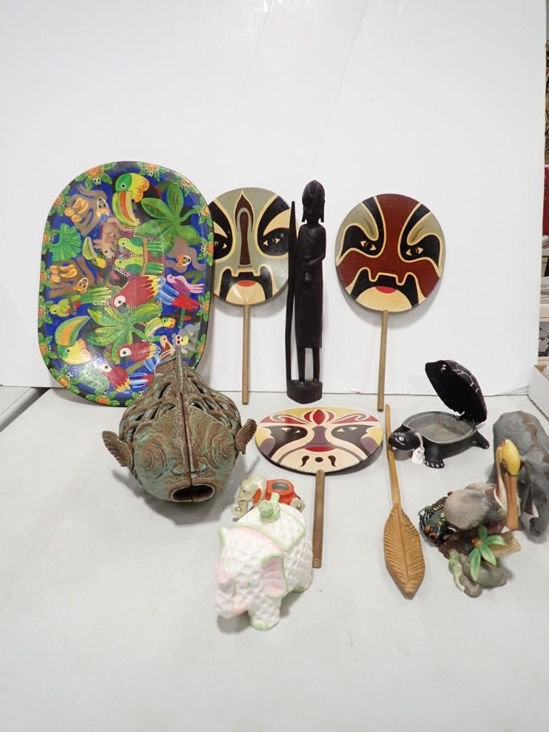 Collectibles incl Masquerade Stick Masks, Turtle Trinket Box, Fish Decorative Items, Parrot Tray,: Collectibles incl Masquerade Stick Masks, Turtle Trinket Box, Fish Decorative Items, Parrot Tray, Porcelain Elephant, etc