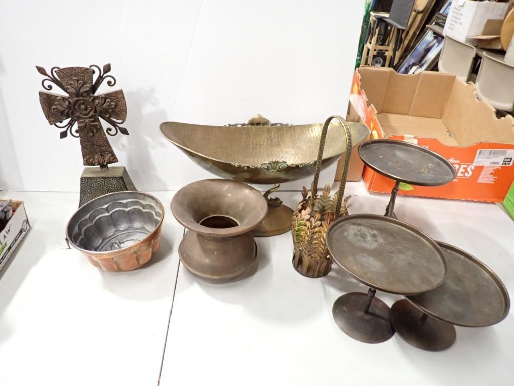 Metal Items incl 3 Footed Cake Stands, Hammered Brass Decorative Bowl, Spittoon, Cross, (1 of 4)