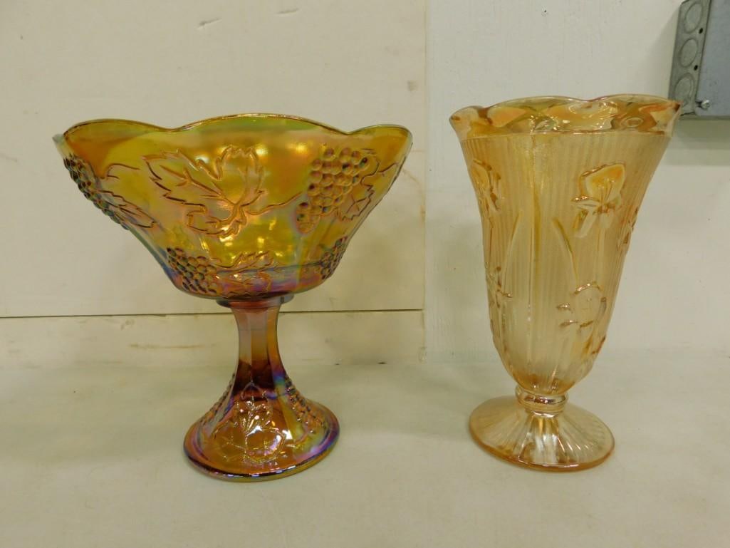 Carnival Glass incl Indiana Glass Amber Harvest Grape Footed Bowl and Iris and Herringbone Marigold: Carnival Glass incl Indiana Glass Amber Harvest Grape Footed Bowl and Iris and Herringbone Marigold Footed Vase