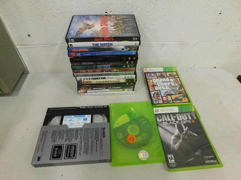 Media Lot including XBox 360 games, DVD's, VHS Head Cleaner (1 of 3)