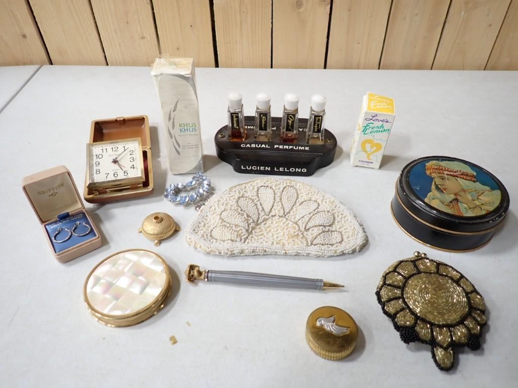 Smalls lot including vintage alarm clock, purse, Khus Khus, Perfume, Tin, compacts, turtle change pu (1 of 5)