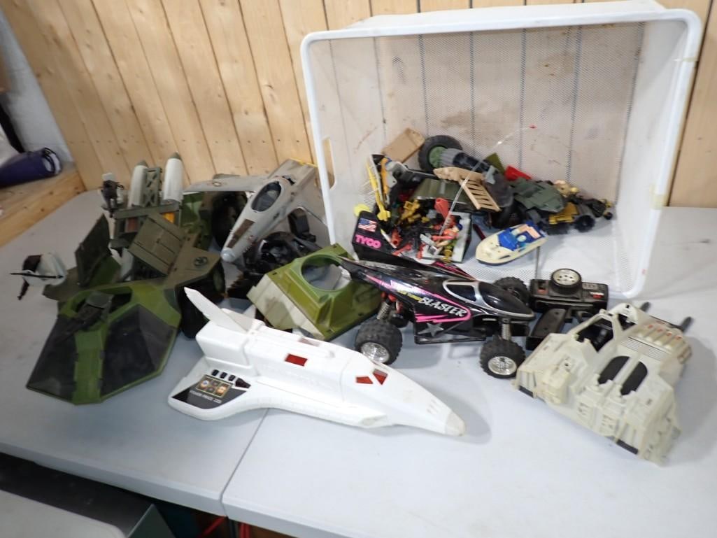 Large Bin of Toys incl GI Joe Vehicles and Accessories, Tyco, RC, Etc: Large Bin of Toys incl GI Joe Vehicles and Accessories, Tyco, RC, Etc . Condition: as is, untested