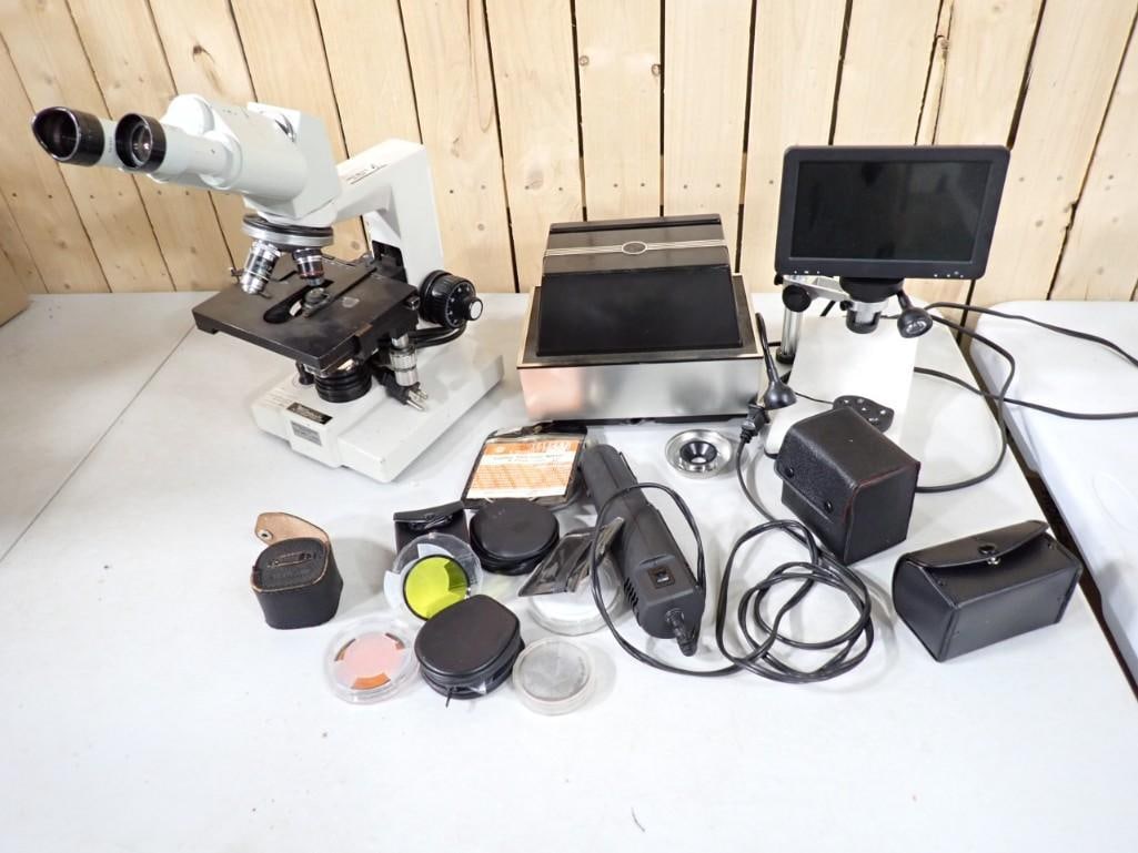 Lab Equipment Lot incl Microlux Microscope, Lenses, Etc: Lab Equipment Lot incl Microlux Microscope, Lenses, Milwaukee Tool Heat Gun, Etc Condition: smells of cigarette smoke, untested