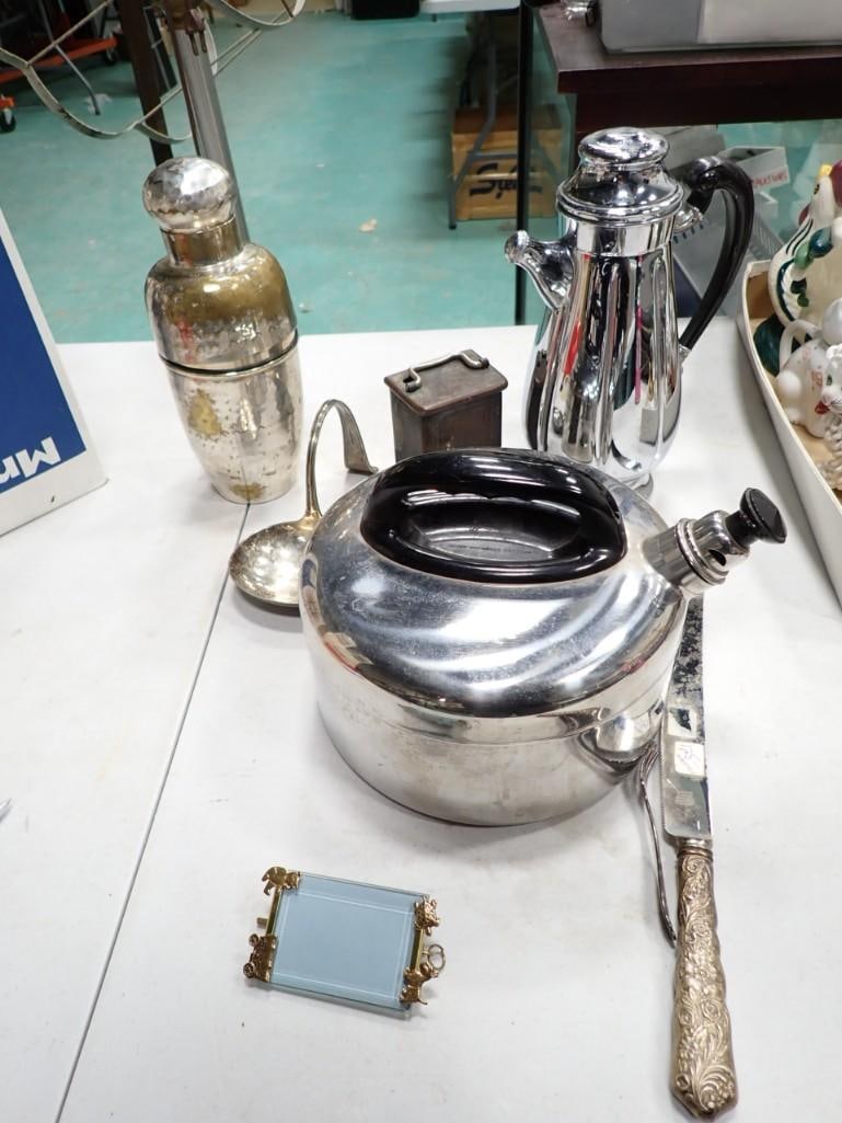 Vintage Kitchen incl Silverplate Cocktail Shaker, Stainless Steel Tea Kettle, Krome-Kraft Farber Bro (1 of 9)