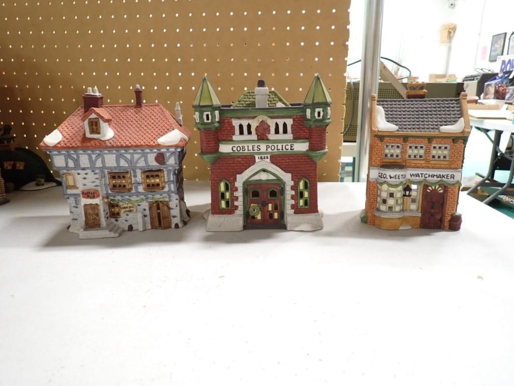 3 Dept 56 incl Cobble's Police, Geo Weeton Watchmaker, Tuttle's Pub: 3 Department 56 Christmas Village Buildings incl Cobble's Police, Geo Weeton Watchmaker, Tuttle's Pub . No boxes
