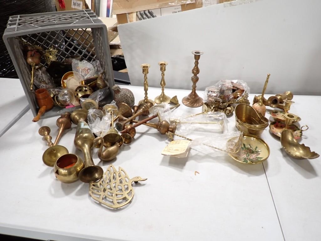 Large Lot of Brass Decor incl Vases, Bell, Candle Holders, etc (1 of 8)