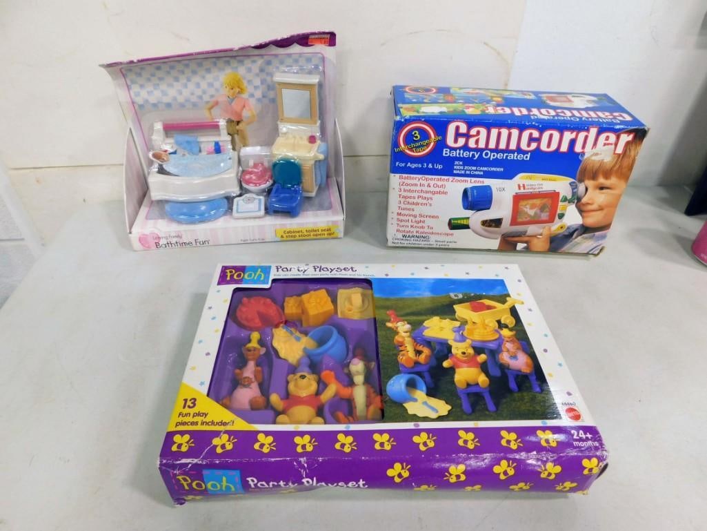 Toys incl Loving Family Bathtime Fun Set, Winnie the Pooh Party Playset, Toy Camcorder: Toys incl Loving Family Bathtime Fun Set, Winnie the Pooh Party Playset, Toy Camcorder . All in original boxes. Camcorder is taped shut. It may be new