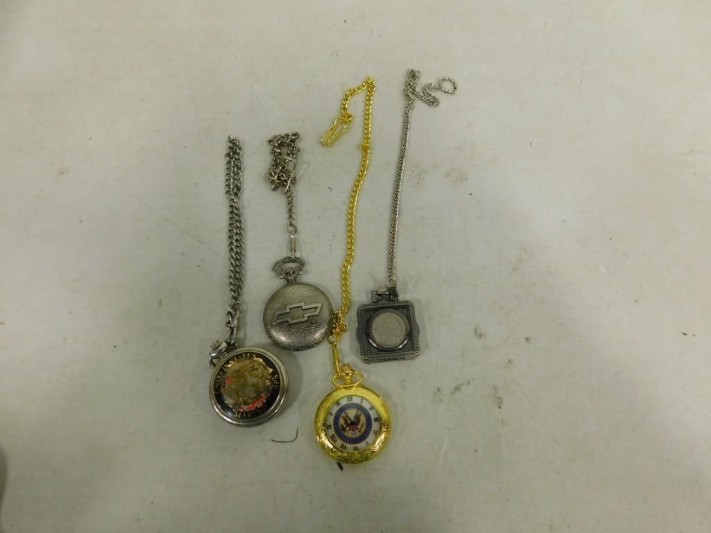 Lot of pocket watches including US Marines, Chevrolet, Buffalo head Nickel (1 of 6)