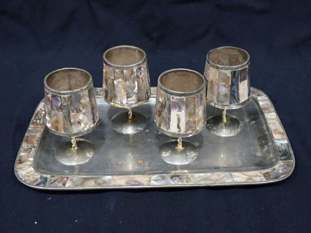 Abalone Cups and Tray Marked Alpaca Mexico: Abalone Cups and Tray Marked Alpaca Mexico LHC - these are relatively small - see picture with Tab can for size reference