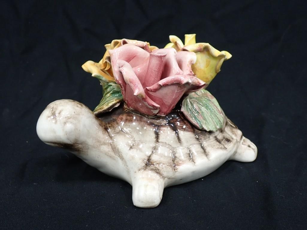 Vintage Capodimonte Turtle with Raised Flowers: Vintage Capodimonte Turtle with Raised Flowers - some chips on flowers