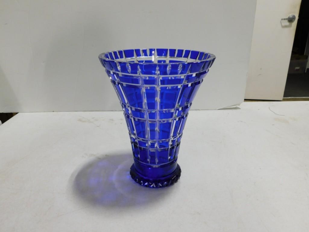Blue Cut to Clear Glass Vase: Blue Cut to Clear Glass Vase