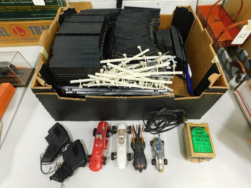 Eldon 1960's Slot Car Set with 4 Cars, Track, Rail Guard, Crossover Transformer: Eldon 1960's Slot Car Set with 4 Cars, Track, Rail Guard, Crossover Transformer