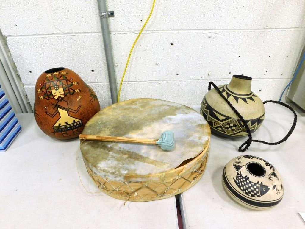 4 Southwest Signed native American Items incl 2 Ron Rivera Signed Gourds Hand Painted, 1 John Sibele (1 of 9)