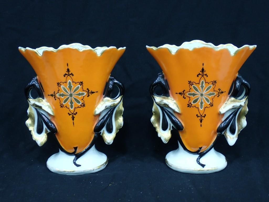 Pair of Porcelain Ceramic Orange and White Decorative Vases (1 of 10)