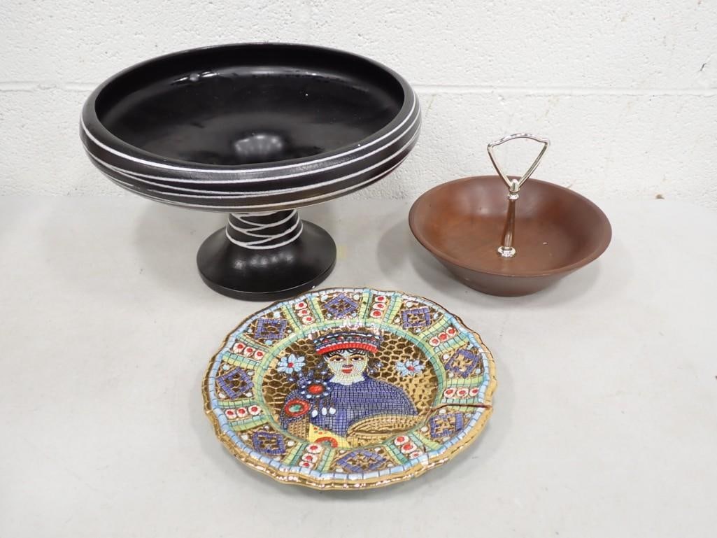 Misc. lot including Vintage Haeger Multi-Directional ceramic pedestal bowl, Cherry wood Bowl, etc. (1 of 8)