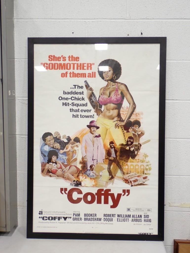 Framed Vintage Black "Coffy" Movie Poster: Framed Vintage Black "Coffy" Movie Poster Measures roughly 43.5x29." "The Baddest One-Chick Hit-Squad that ever hit town!"