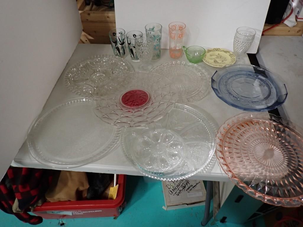 Glass incl Pink Depression Glass Platter, Blue Plate, Mid Century Tumblers, Clear Platters, etc (1 of 4)