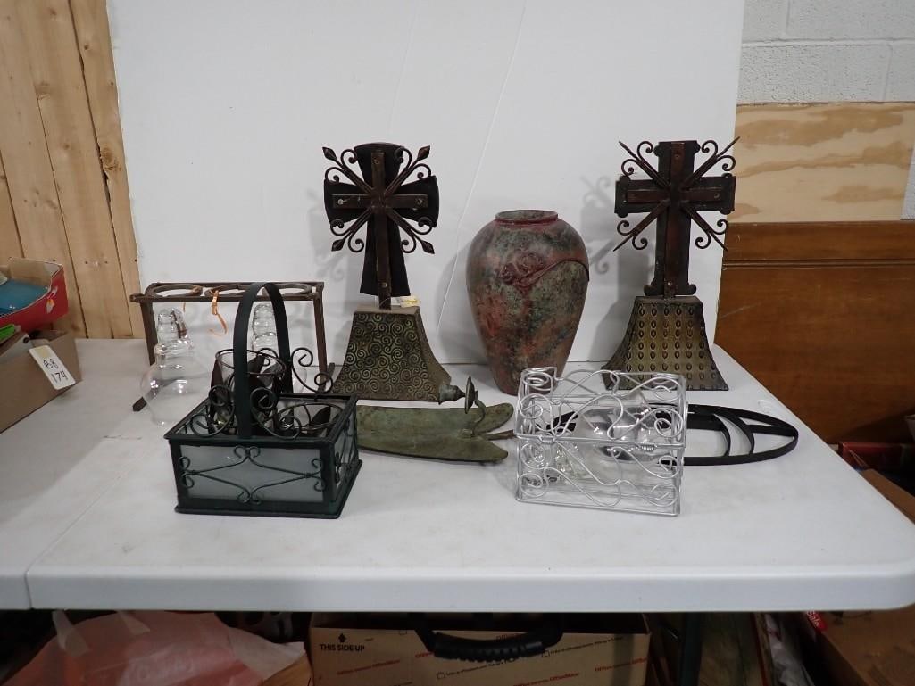 Decor Lot incl Pottery Vase, Metal Decorative Crosses, Decorative Leaf, etc (1 of 4)