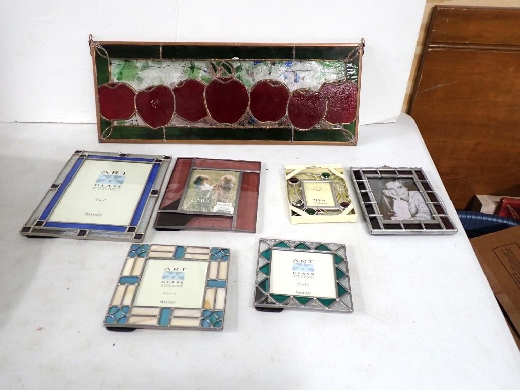Stained Glass Window Hanging with Apple Design plus 6 Picture Frames: Stained Glass Window Hanging with Apple Design plus 6 Picture Frames