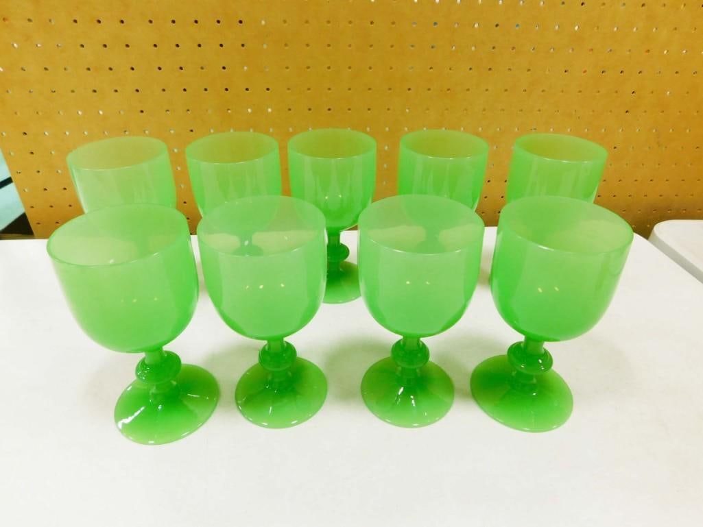 9 Vintage Uranium Glass Stemware Goblets Green (1 of 4)