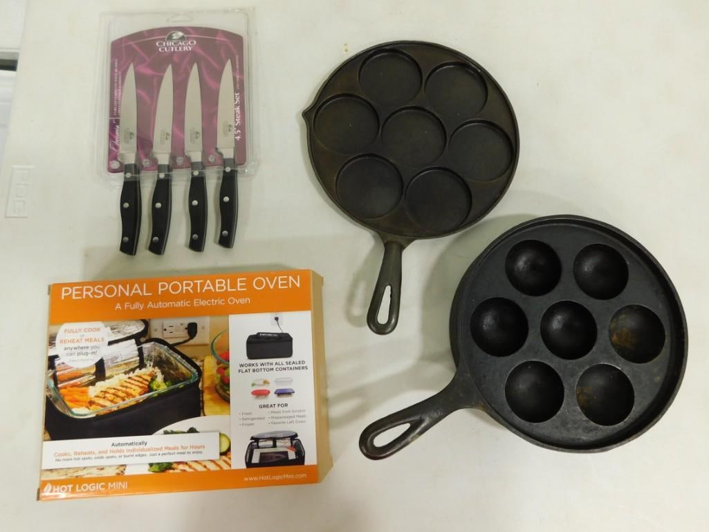 Kitchen Lot incl New Chicago Cutlery Knives, Cast Iron Aebelskiver Pan and Corn Cake Pan, (1 of 4)