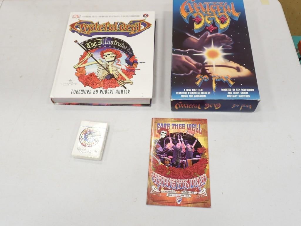 Grateful Dead lot including Sealed Playing Cards, Illustrated Trip Book, Fare Thee Well, and (1 of 5)