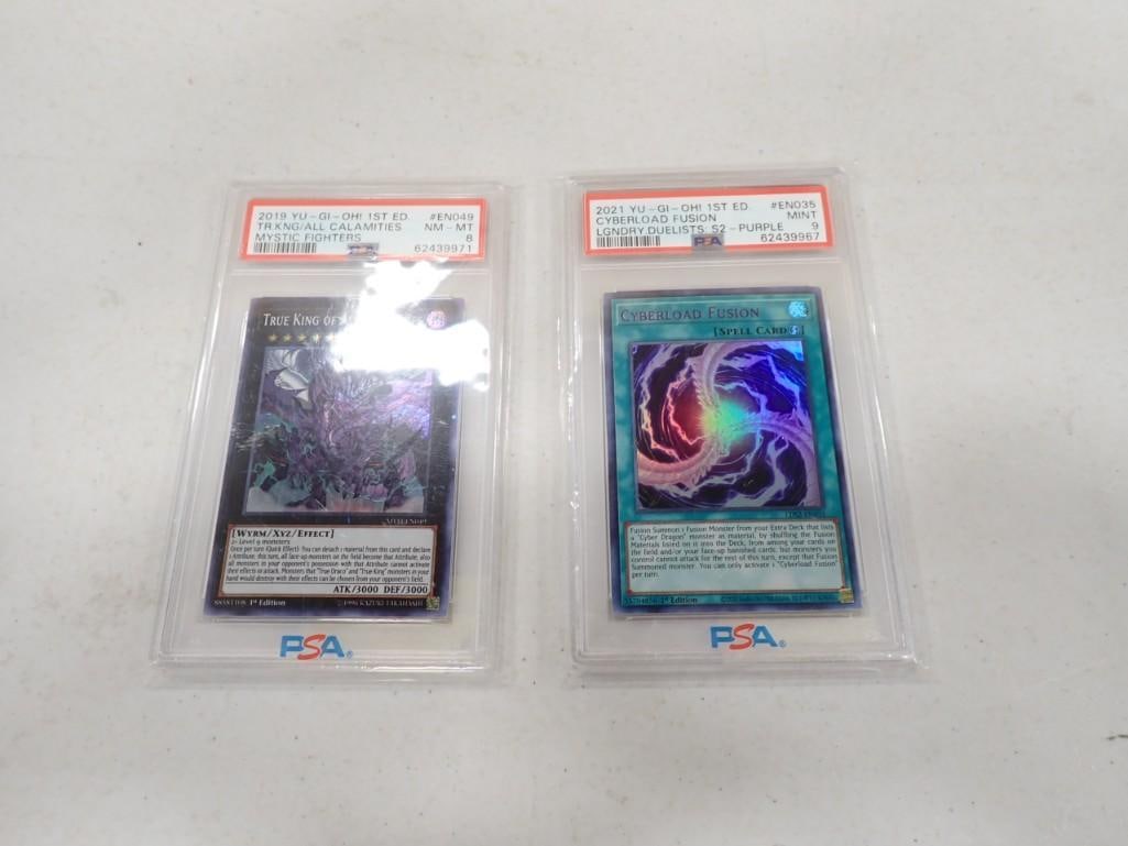 Pair of PSA Graded Yu-Gi-Oh Cards True King and Syberload Fusion Grades 8 and 9: Pair of PSA Graded Yu-Gi-Oh Cards True King and Syberload Fusion Grades 8 and 9