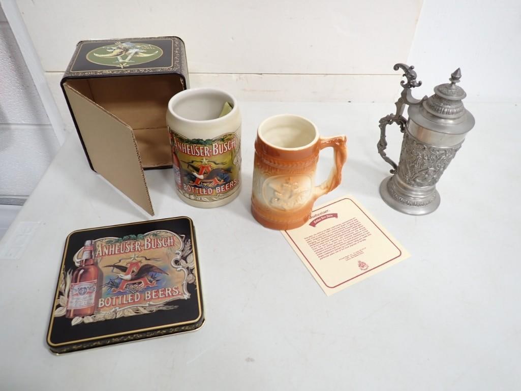 3 Old Beer Steins incl Anheuser Busch Stein with Tin, Ceramic Anheuser Busch Stein, Pewter Stein (1 of 9)