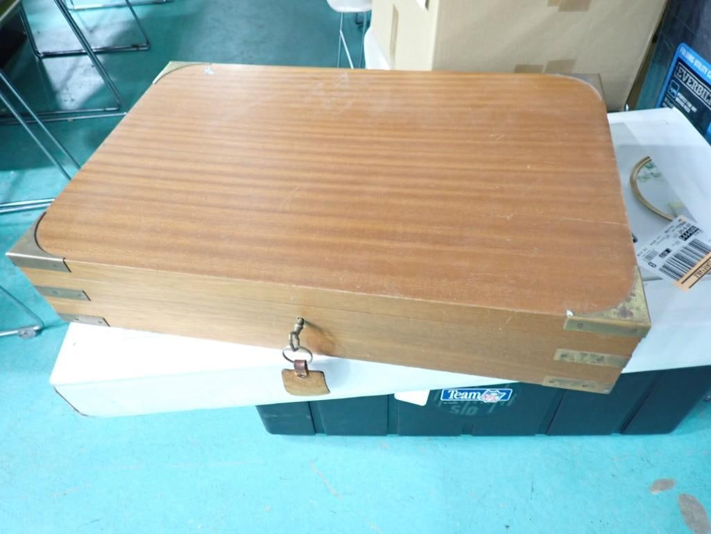 Vintage Wood Case with Lock and Key 24 1/2" x 16" x 5": Vintage Wood Case with Lock and Key 24 1/2" x 16" x 5" . Green velvet inside