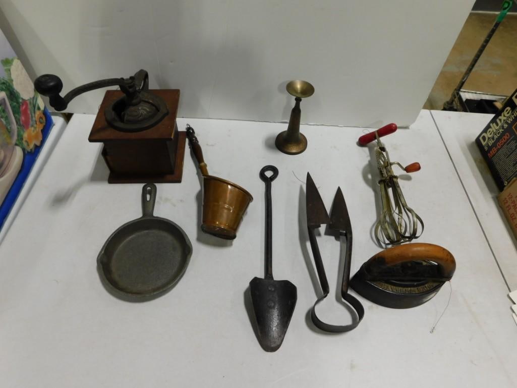Vintage Kitchen Lot incl Coffee Grinder, Copper Dipper, Sad Iron, Cast Iron Skillet, Hand Mixer, Etc (1 of 6)