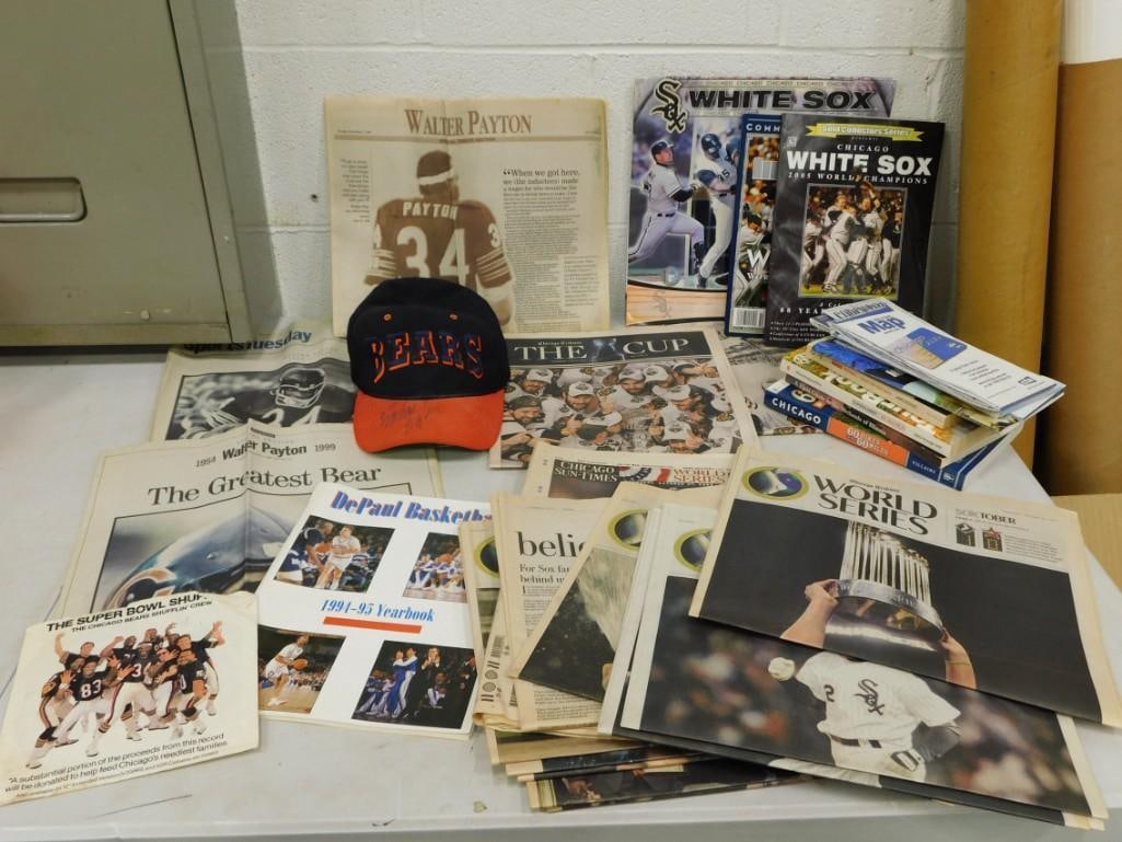 Sports and Ephemera Lot incl Signed Chicago Bears Hat - NO COA, Maps, Newspapers, Etc (1 of 4)