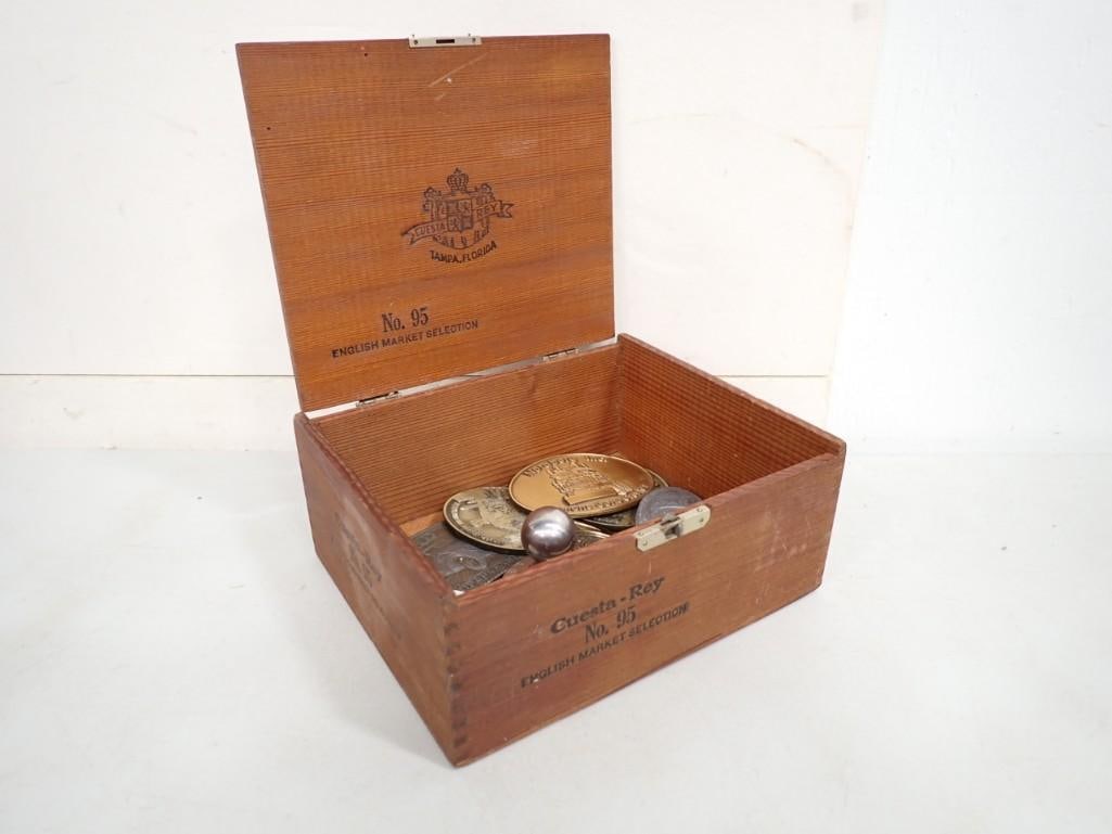 Belt Buckles, Casino Chips, metal Coasters, Paperweight in Cigar Box Lot (1 of 8)