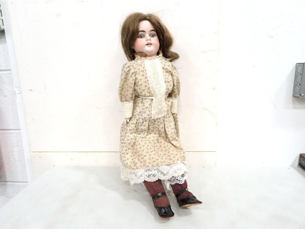 Antique Lilly Armand Marseille German Bisque 14" Doll: Antique Lilly Armand Marseille German Bisque 14" Doll . Early 1900s, 14", blue inset glass eyes, open mouth with upper teeth, human hair wig. Marked "Lilly" on shoulder plate). Kid leather jointed bod