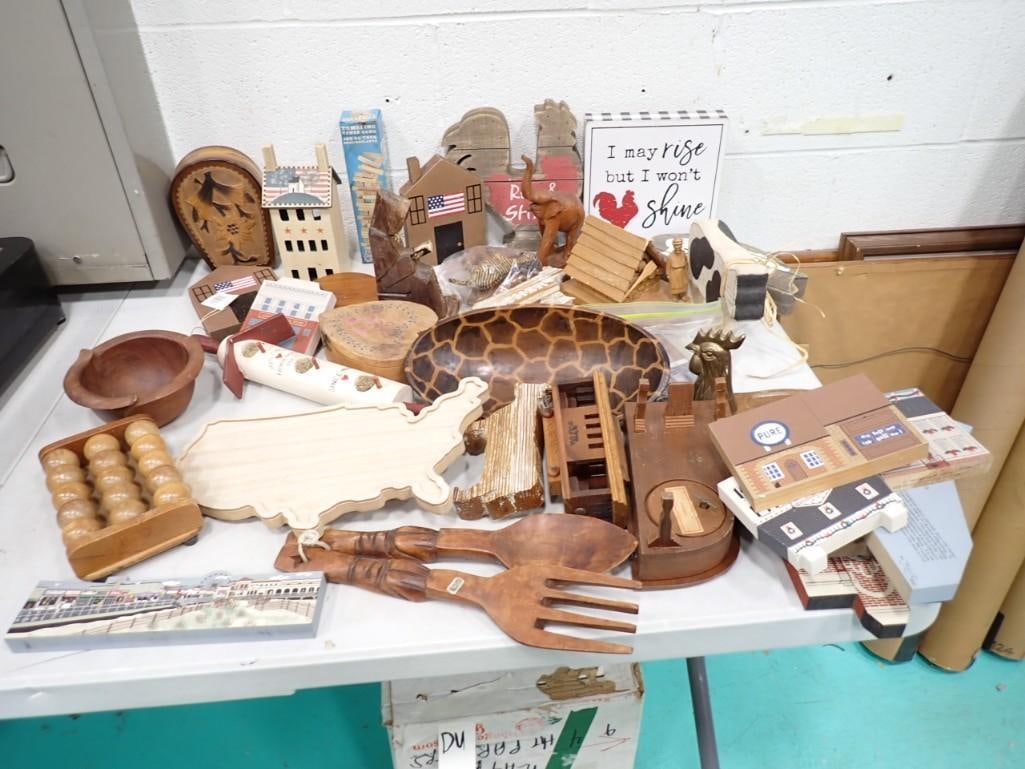 Lot of Wood Decor Items incl Signs, Figures, Wood Decorative Fork and Spoon, Bowls, Houses, Etc (1 of 15)