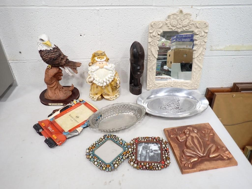 Lot of Household Decor Items incl 1 Vintage Pewter Bowl, 1 Santa Figure, 1 Carved Hardwood Bust, (1 of 8)