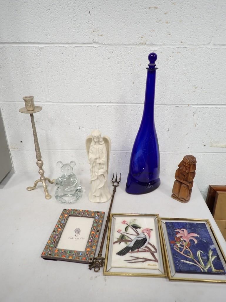 Home Decor Lot incl Angel Figure, Cobalt Blue 19" Decanter, 15" Metal Candle Stick, 2 Mosalite (1 of 7)