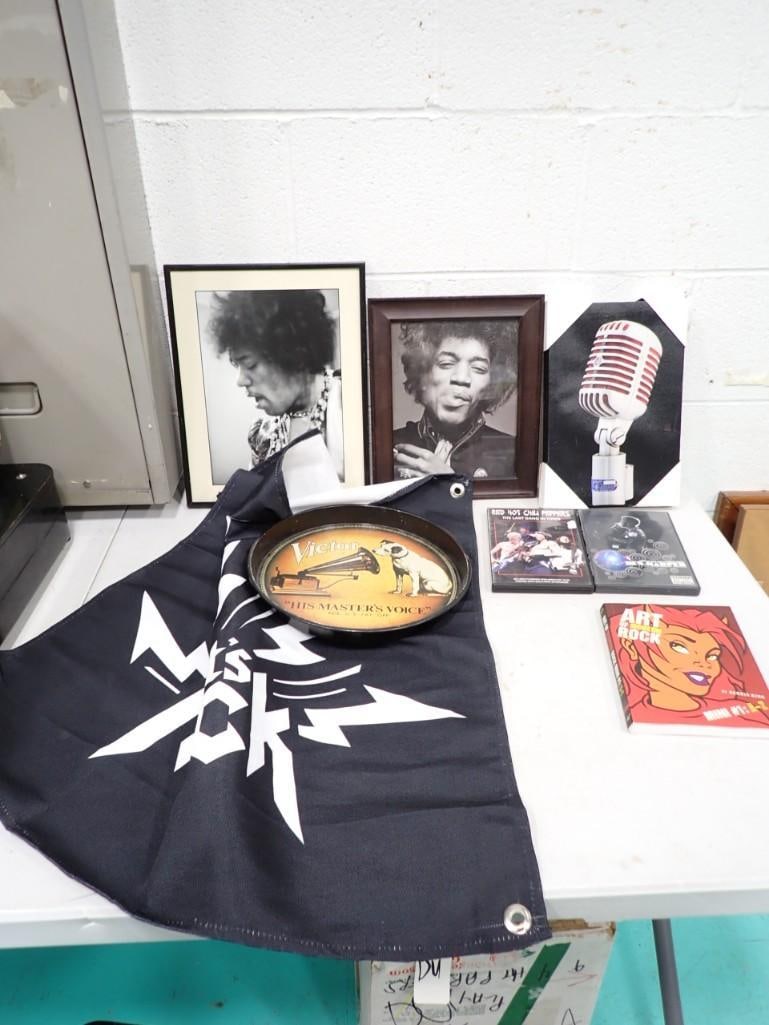 Rock & Roll Lot incl Jimi Hendrix Framed Print, Victor Record Metal Tray, (1 of 9)