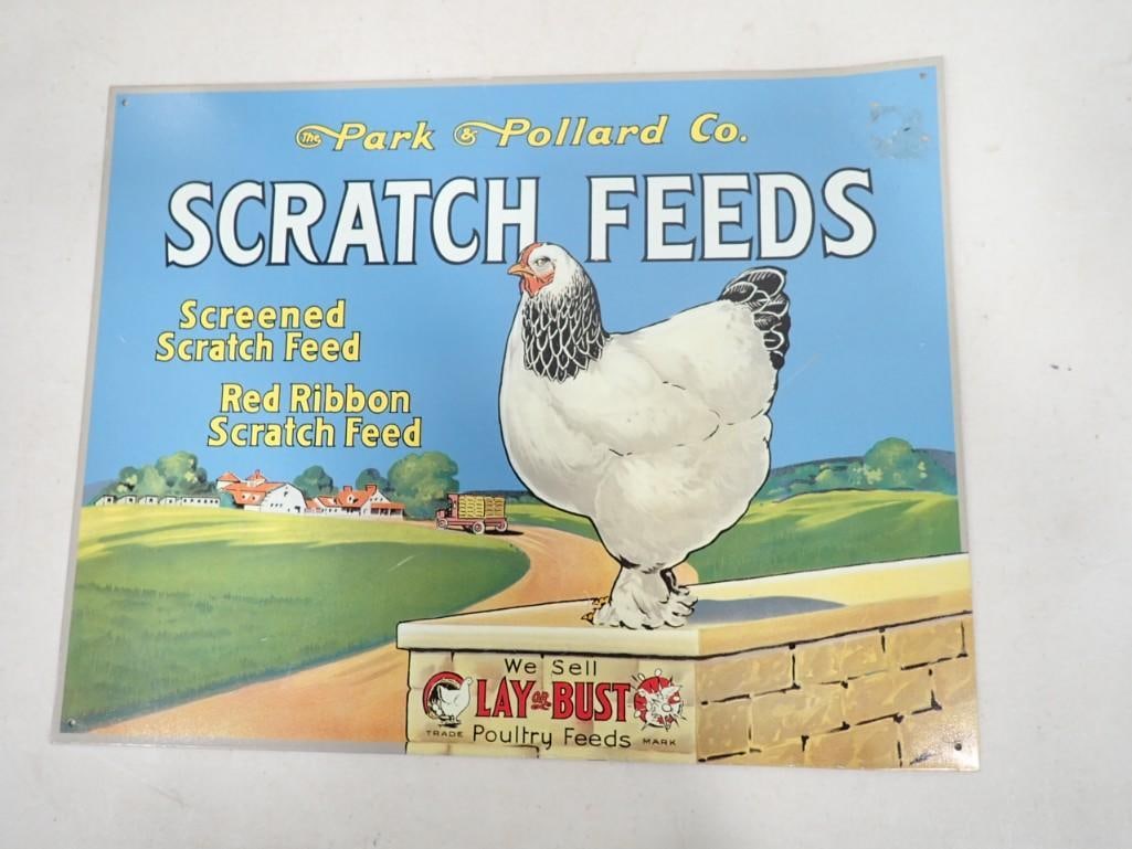 Park & Pollard Co Scratch Feeds Lay Bust Poultry Feeds Metal Sign 10" x 16" (1 of 4)