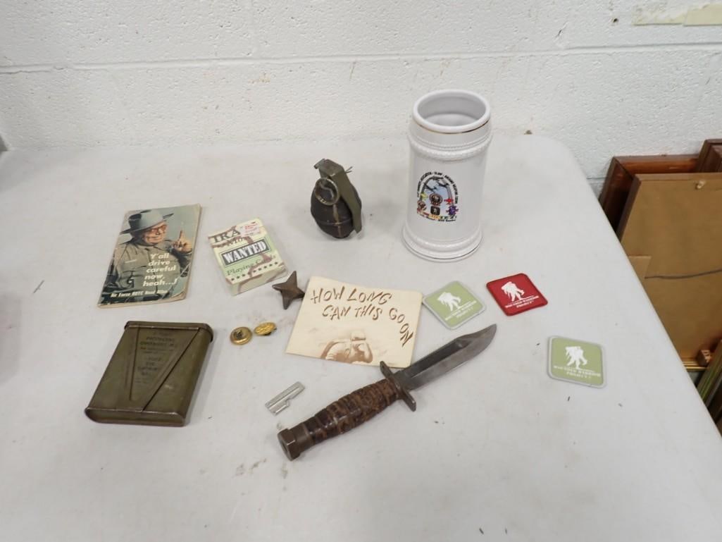 Smalls lot including Hollowed out Grenade, Vintage Dagger, Iraq Trading Cards, Stein, Military, etc. (1 of 8)
