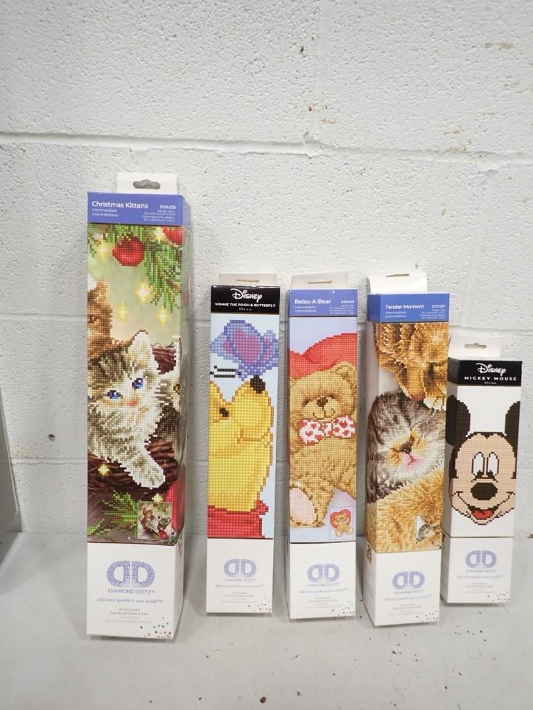 5 Diamond Dotz Art Kits incl Disney Mickey Mouse, Disney Winnie the Pooh & Butterfly,: 5 Diamond Dotz Art Kits incl Disney Mickey Mouse, Disney Winnie the Pooh & Butterfly, Christmas Kittens, Relax-a-Bear, Tender Moment. All are new in box
