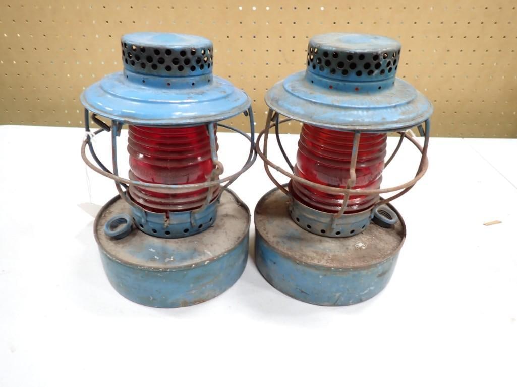 Pair of antique Handlan model 2000 utility type lanterns with Red Glass (1 of 10)