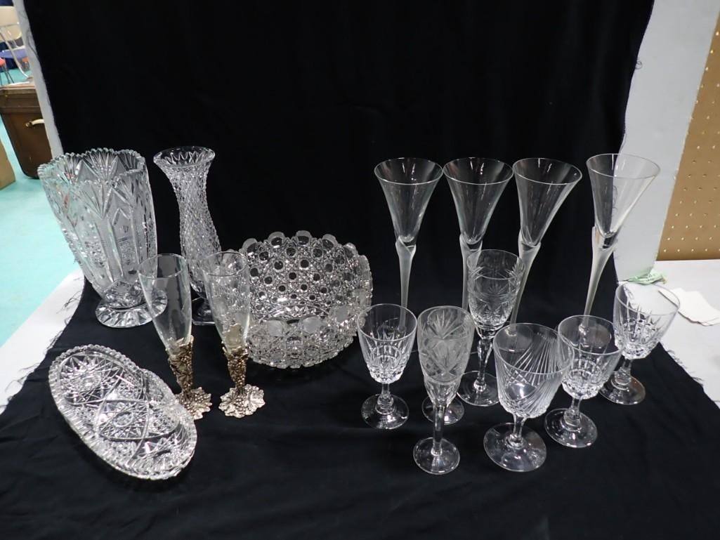 Glass and Crystal Lot including Mikasa, Vases, Champaign Glasses, wine glasses, dishes, etc.: Glass and Crystal Lot including Mikasa, Vases, Champaign Glasses, wine glasses, dishes, Aurther Court etc.