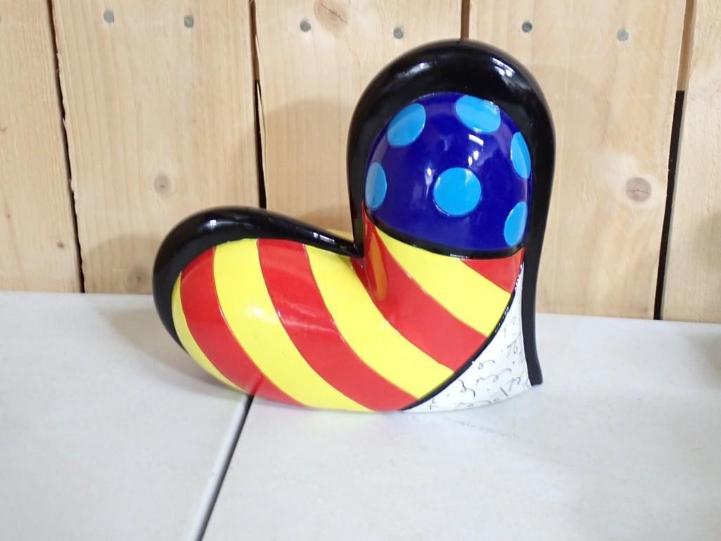 Romero Britto Art Heart with Blue Polka Dots, Red and Yellow Strips: Romero Britto Art Heart with Blue Polka Dots, Red and Yellow Strips
