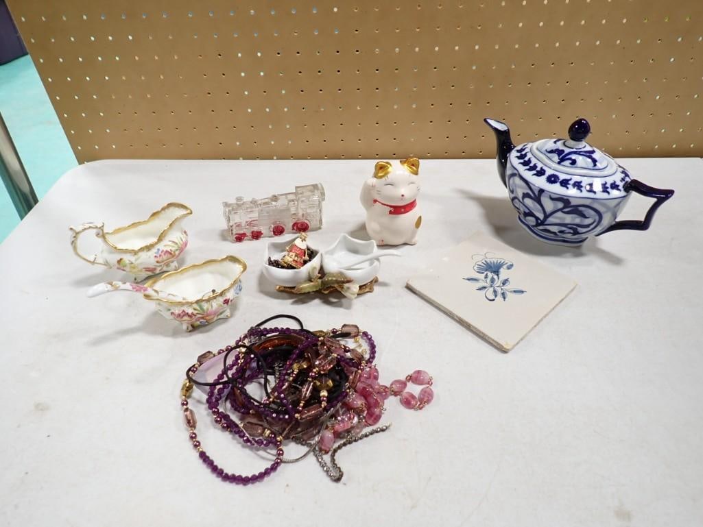 Collectibles incl Antique Glass Train Candy Container, Porcelain Creamer and Sugar Bowl, Teapot, Cat (1 of 10)