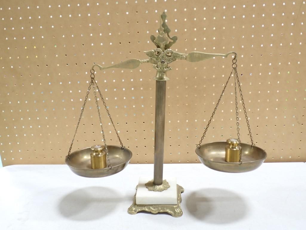 Vintage Brass Balance Scale with Marble Base and 2 Weights (1 of 7)