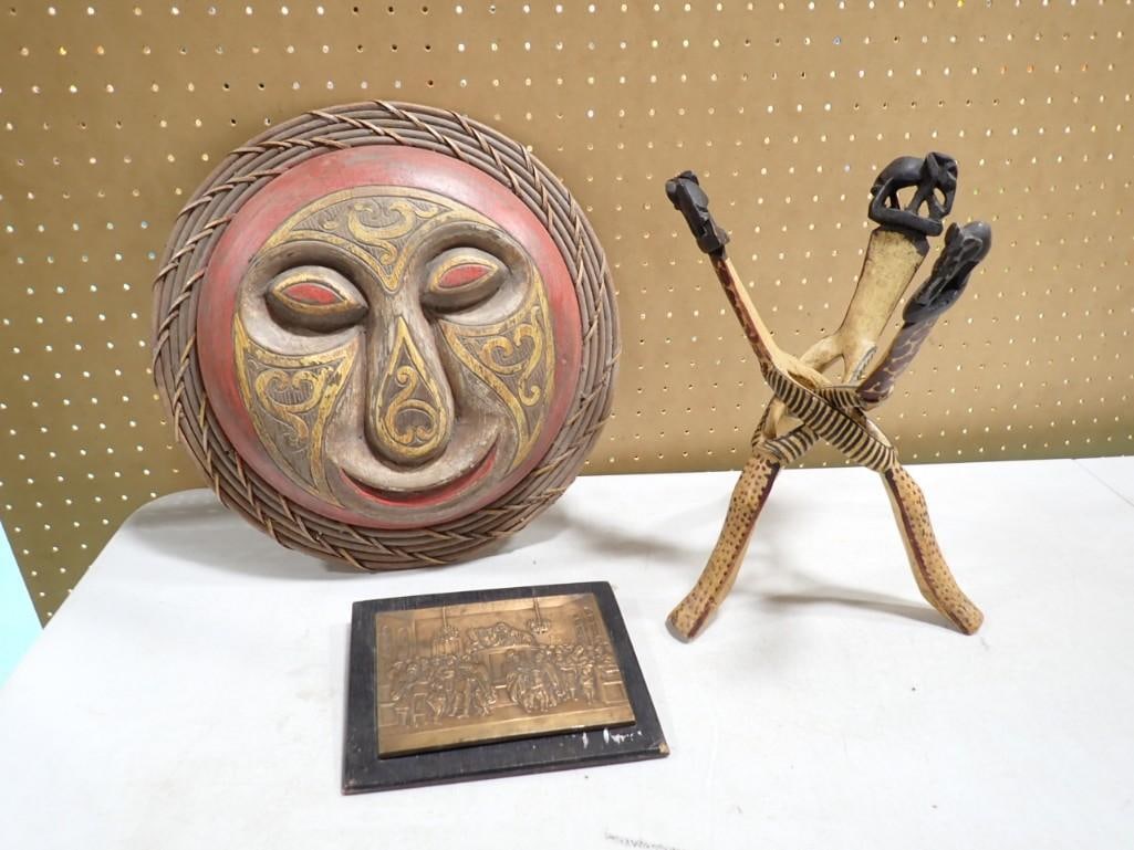 Carved Wood Elephant Folding Stand, Carved Wood Mask Wall Art, Religious Embossed Art (1 of 9)