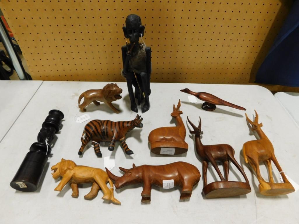 Carved Wood Figures incl Roadrunner, Lions, Man, Tiger, Rhino, Antelope, Kenya Man, etc: Carved Wood Figures incl Roadrunner, Lions, Man, Tiger, Rhino, Antelope, Kenya Man, etc