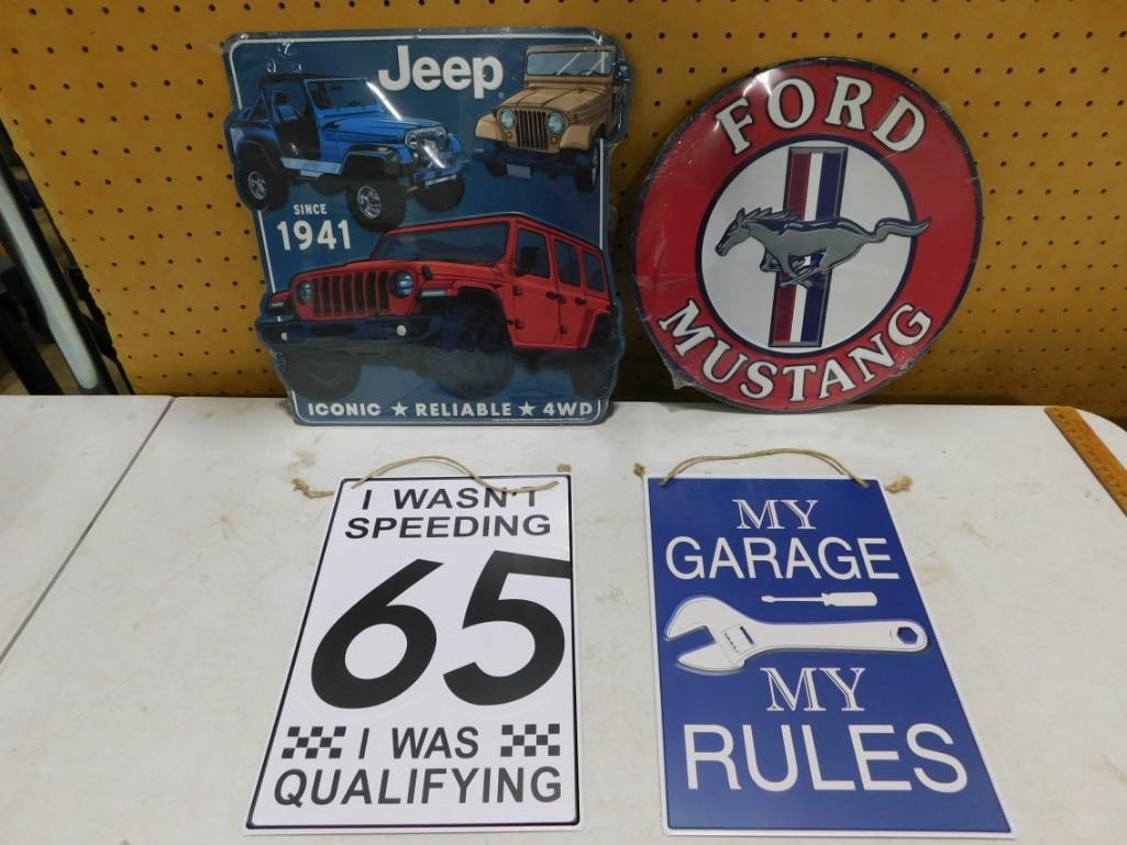 4 Metal Car or Auto Signs incl 1 Ford Mustang, 1 Jeep Since 1941 Sign, 1 My Garage, 1 I wasn't Speed (1 of 3)