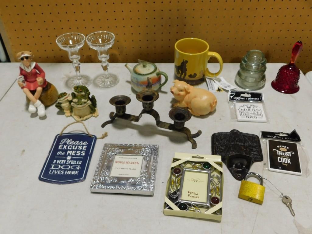 Collectibles incl Vintage Teapot, Red Glass Bell, Vintage Candle Holders, Frog Figures, (1 of 9)